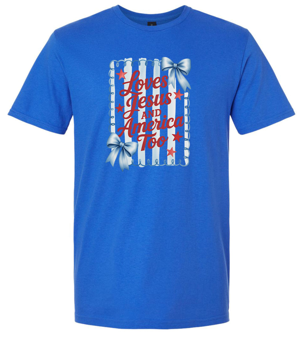 Loves Jesus and America Too Adult Gildan Soft Shirt