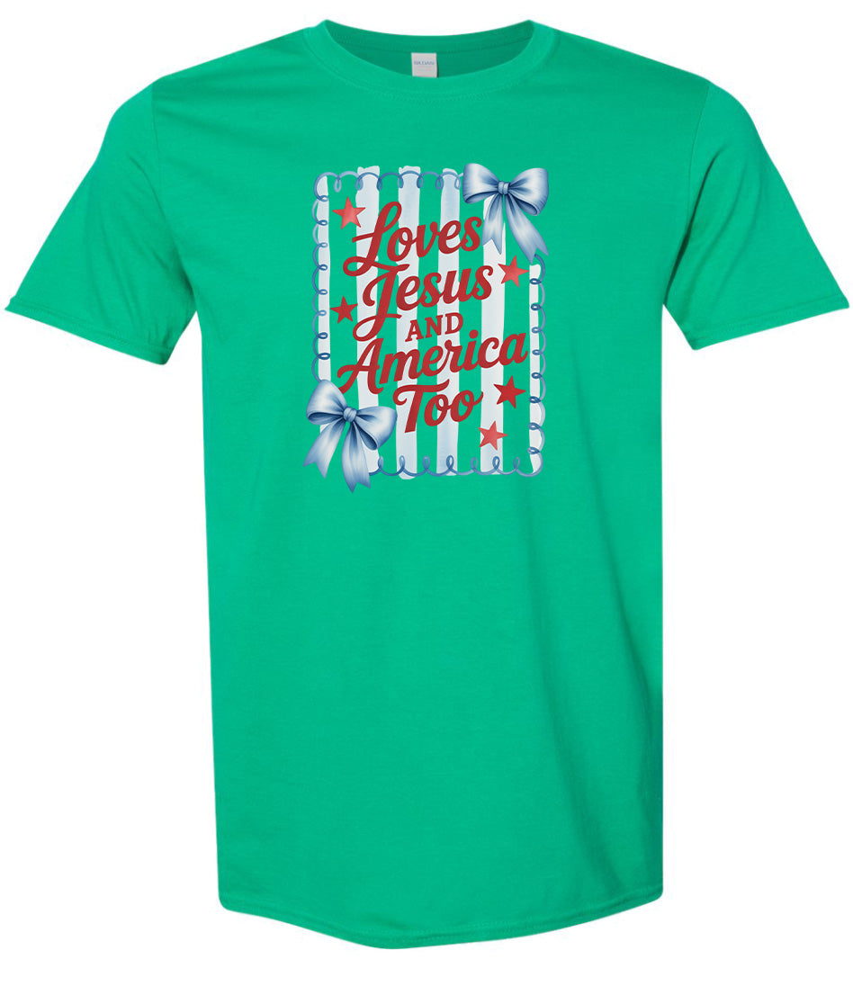 Loves Jesus and America Too Adult Gildan Soft Shirt