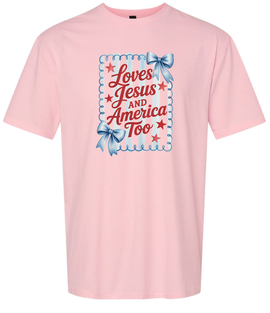 Loves Jesus and America Too Adult Gildan Soft Shirt