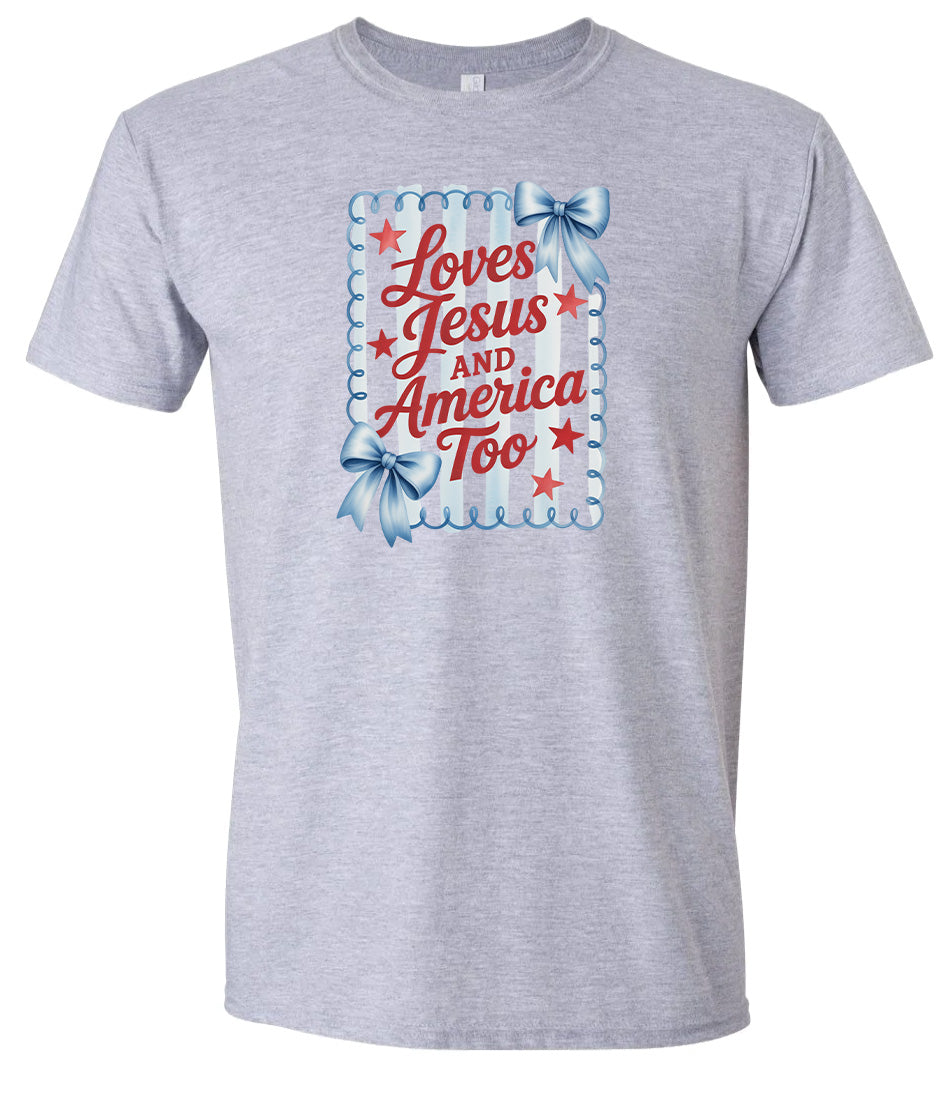 Loves Jesus and America Too Adult Gildan Soft Shirt