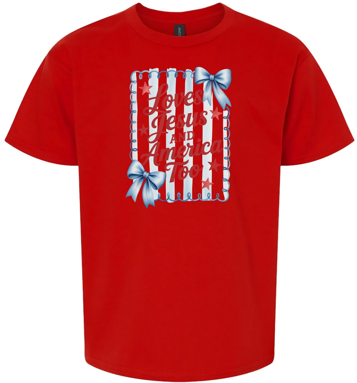 Loves Jesus and America Too Children's Gildan Soft Shirt