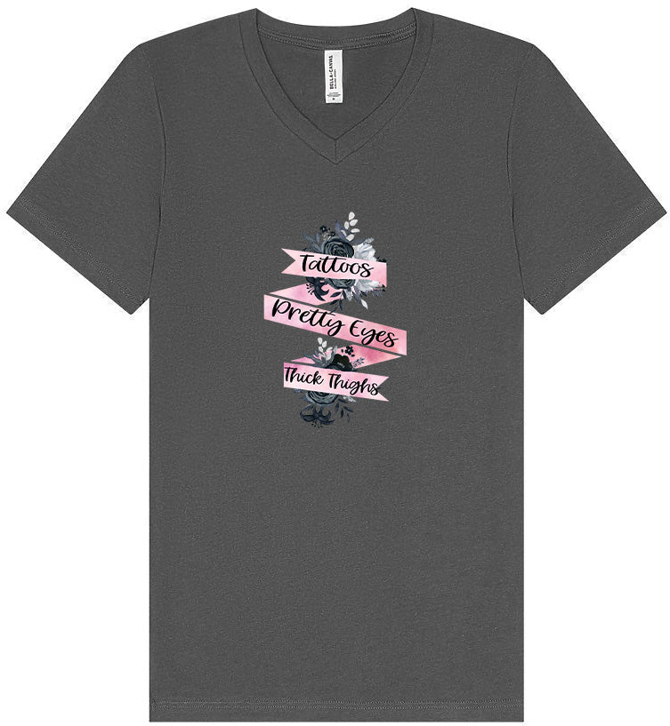 Tattoos, Pretty Eyes, Thick Thighs Unisex V-Neck Shirt