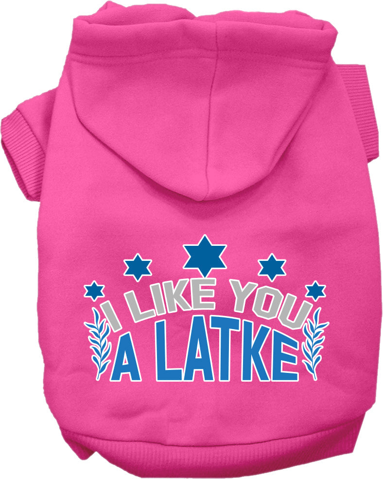 Sudadera con capucha para mascotas, perros y gatos de Hanukkah serigrafiada con la frase "I Like You A Latke" (Me gustas un latke)