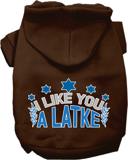 Sudadera con capucha para mascotas, perros y gatos de Hanukkah serigrafiada con la frase "I Like You A Latke" (Me gustas un latke)