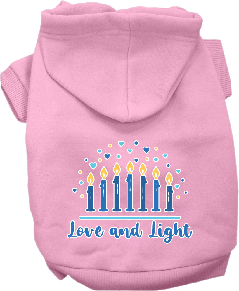 Sudadera con capucha para mascotas, perros y gatos de Hanukkah serigrafiada con la frase "Amor y luz"