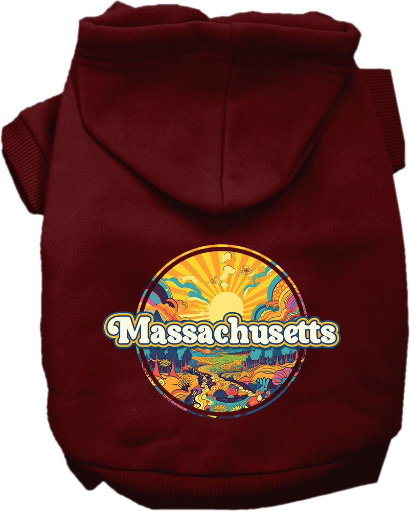 Sudadera con capucha serigrafiada para perros y gatos, para mascotas pequeñas y medianas (tallas XS a XL), "Massachusetts Trippy Peaks"