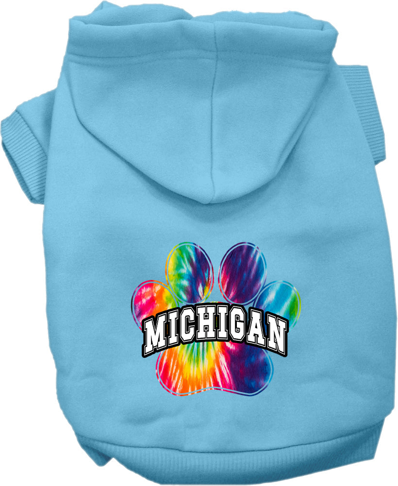 Sudadera con capucha serigrafiada para perros y gatos, para mascotas pequeñas y medianas (tallas XS a XL), "Michigan Bright Tie Dye"