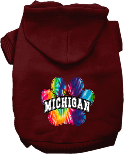 Sudadera con capucha serigrafiada para perros y gatos, para mascotas pequeñas y medianas (tallas XS a XL), "Michigan Bright Tie Dye"