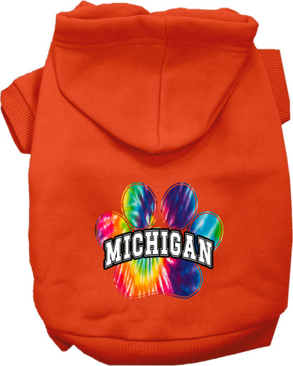 Sudadera con capucha serigrafiada para perros y gatos, para mascotas pequeñas y medianas (tallas XS a XL), "Michigan Bright Tie Dye"