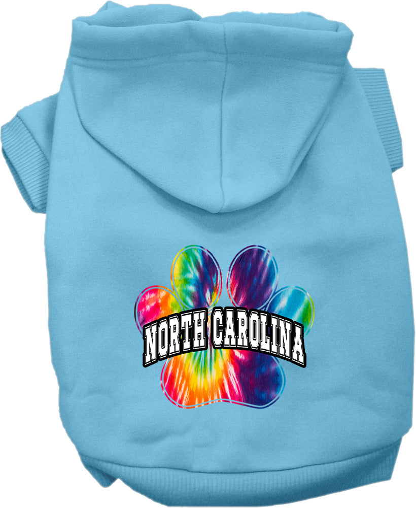 Sudadera con capucha serigrafiada para perros y gatos, para mascotas pequeñas y medianas (tallas XS a XL), "North Carolina Bright Tie Dye"