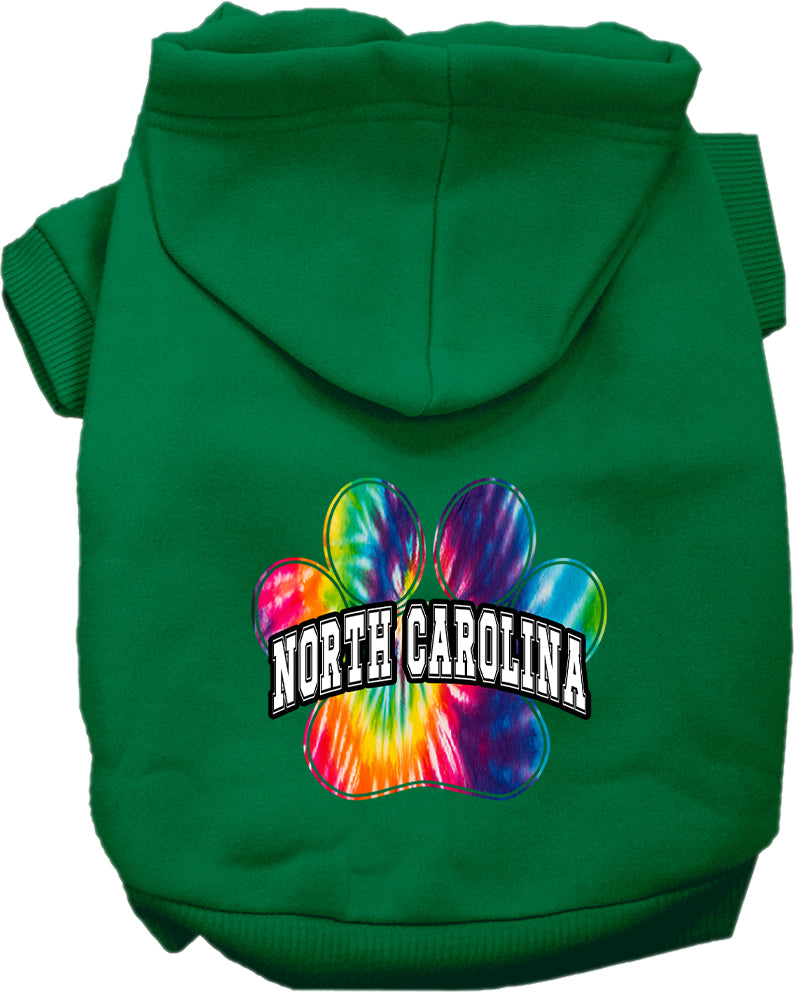 Sudadera con capucha serigrafiada para perros y gatos, para mascotas pequeñas y medianas (tallas XS a XL), "North Carolina Bright Tie Dye"