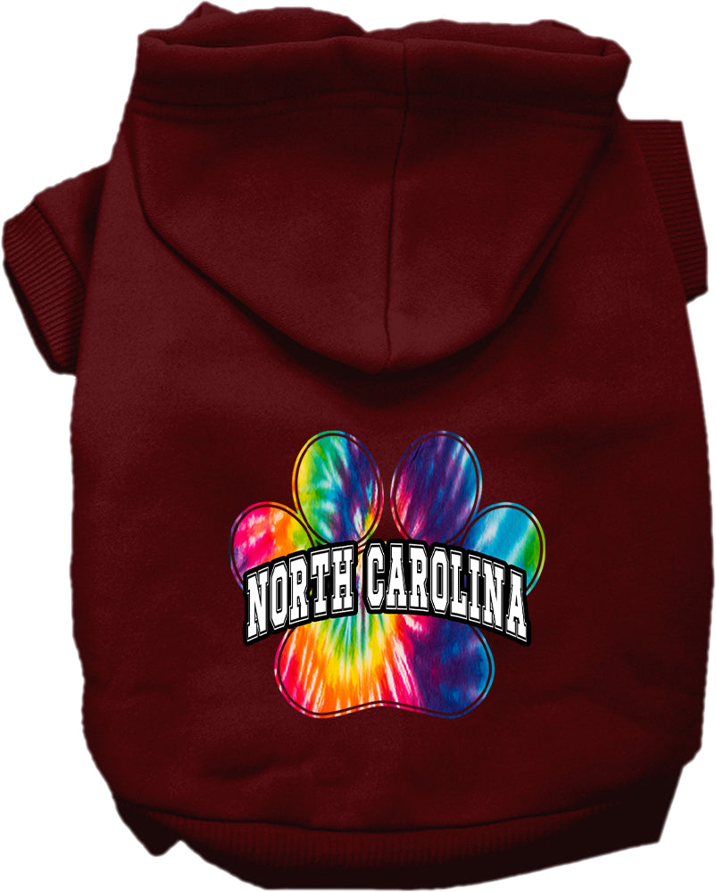 Sudadera con capucha serigrafiada para perros y gatos, para mascotas pequeñas y medianas (tallas XS a XL), "North Carolina Bright Tie Dye"