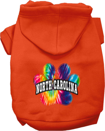 Sudadera con capucha serigrafiada para perros y gatos, para mascotas pequeñas y medianas (tallas XS a XL), "North Carolina Bright Tie Dye"