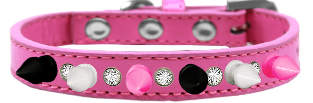 Pet and Dog Spike Collar, "Clear Crystals & Black, White and Bright Pink Spikes”