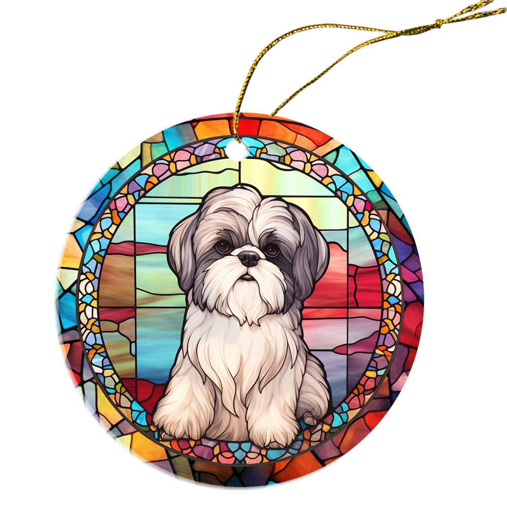 Adorno navideño de vidrieras con la raza de perro "Shih Tzu"