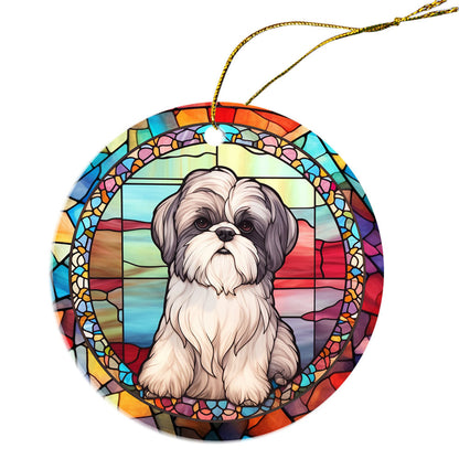 Adorno navideño de vidrieras con la raza de perro "Shih Tzu"