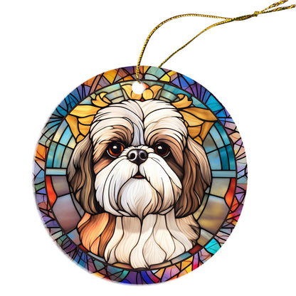 Adorno navideño de vidrieras con la raza de perro "Shih Tzu"