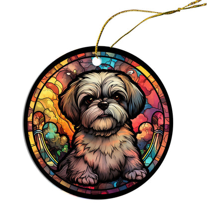 Adorno navideño de vidrieras con la raza de perro "Shih Tzu"