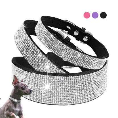 Bling Rhinestone Leather Dog Collar