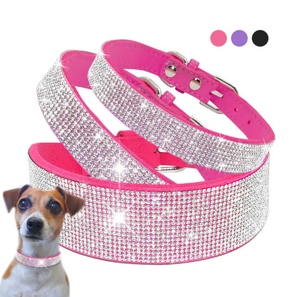 Bling Rhinestone Leather Dog Collar