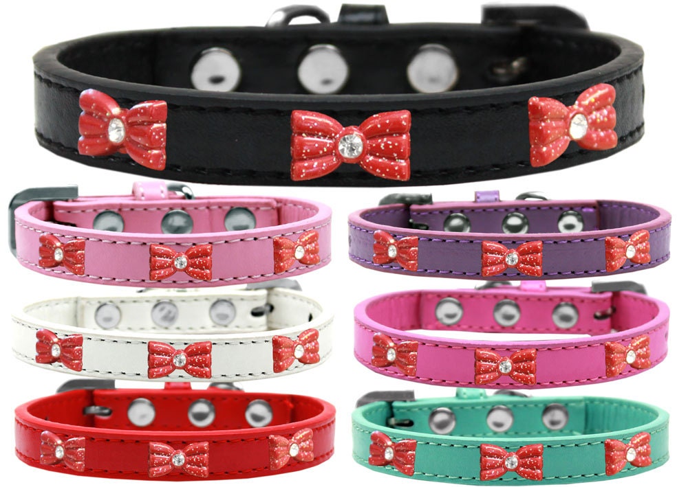 Collar de moda para perros, cachorros y mascotas, "Lazo de purpurina roja"