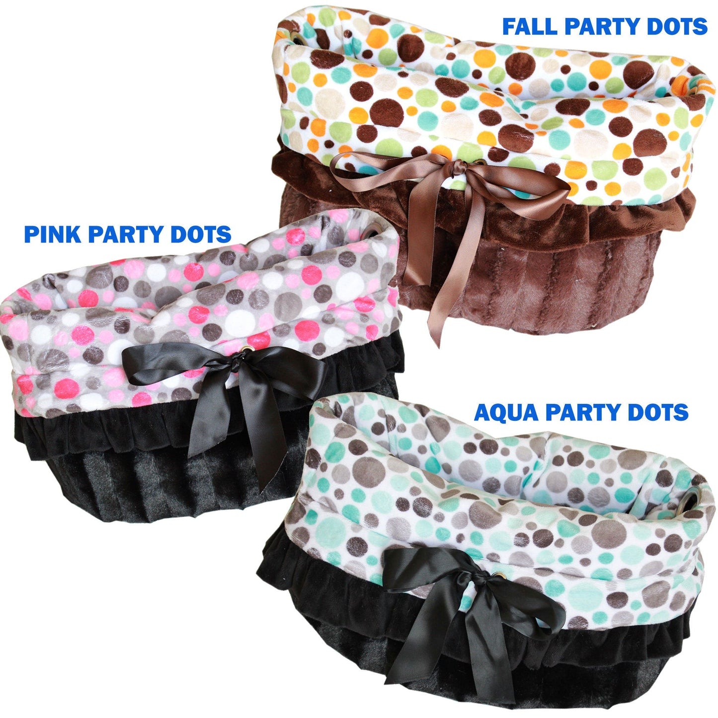 Cama, bolso y asiento de coche reversibles Snuggle Bugs para perros, cachorros y mascotas o gatos, todo en uno, "Party Dots Group" (¡Disponible en 3 opciones de patrón!)