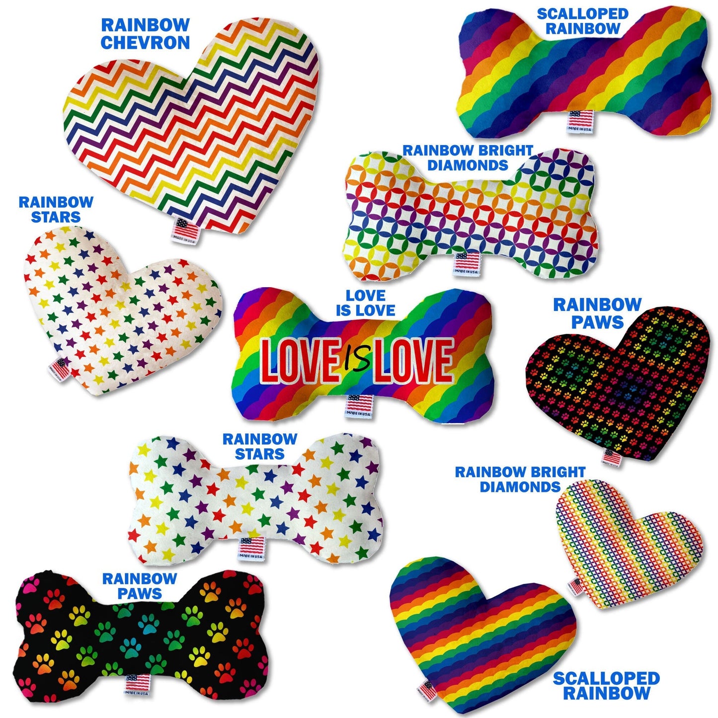 Juguete de peluche en forma de corazón o hueso para mascotas y perros, "Rainbow Pride Group" (¡Disponible en diferentes tamaños y 7 opciones de patrones diferentes!)