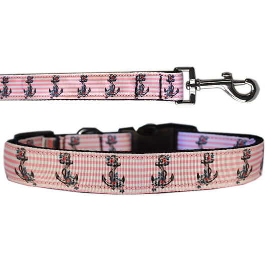 Collar o correa de nailon para perros y gatos, "Anclas rosas"