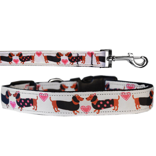 Collar o correa de nailon para perros y gatos, "Pink Doxie Love"