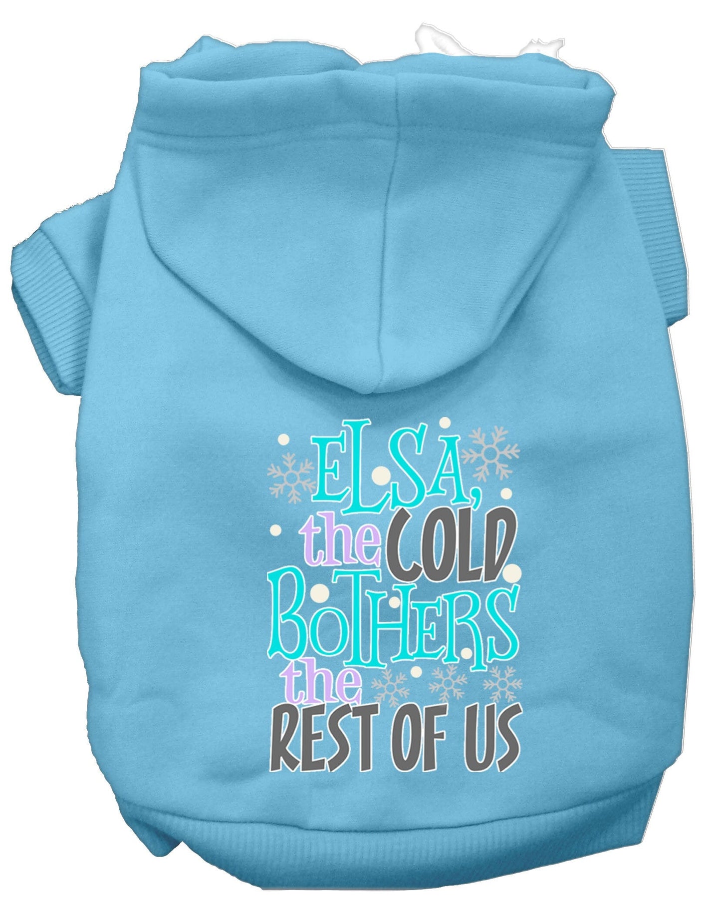 Sudadera con capucha para mascotas, perros y gatos serigrafiada con la frase "Elsa, el frío nos molesta"