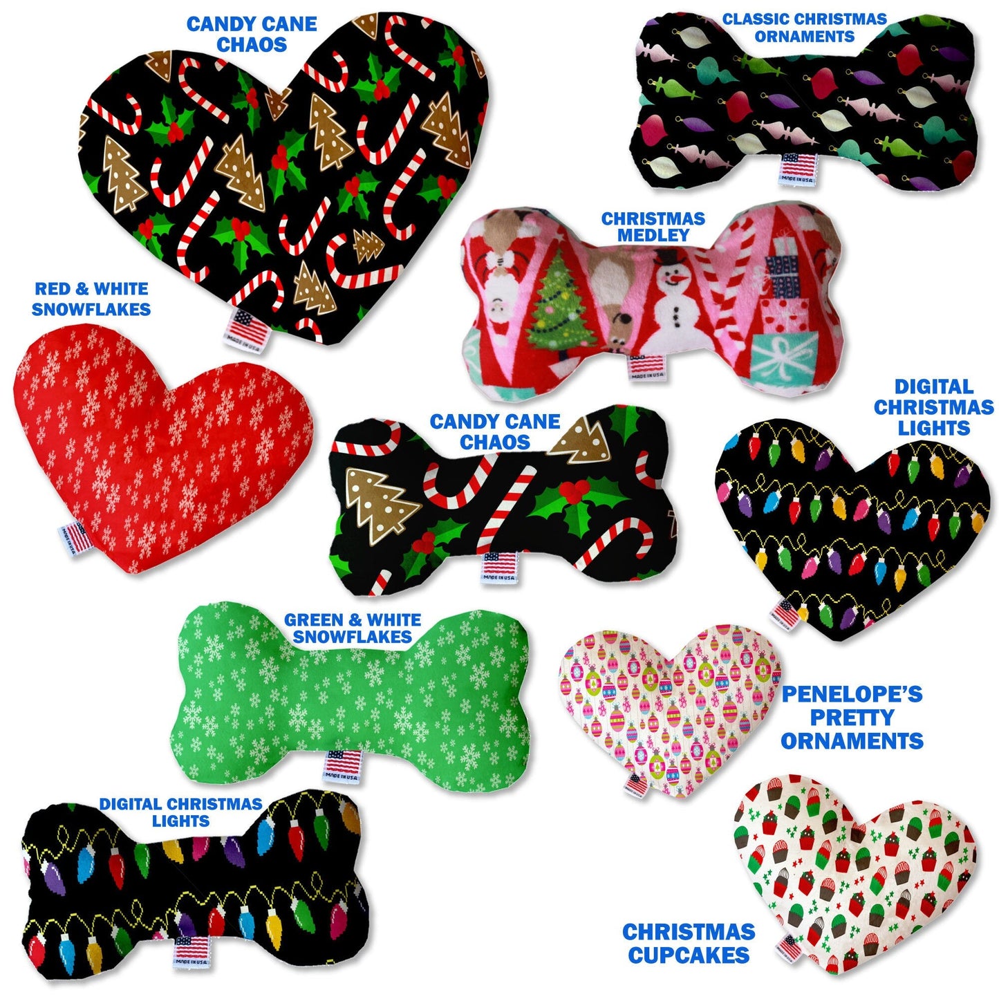 Christmas Pet and Dog Plush Heart or Bone Toy, "Candy Cane Lane Group" (Available in different sizes and 8 different patterns!)