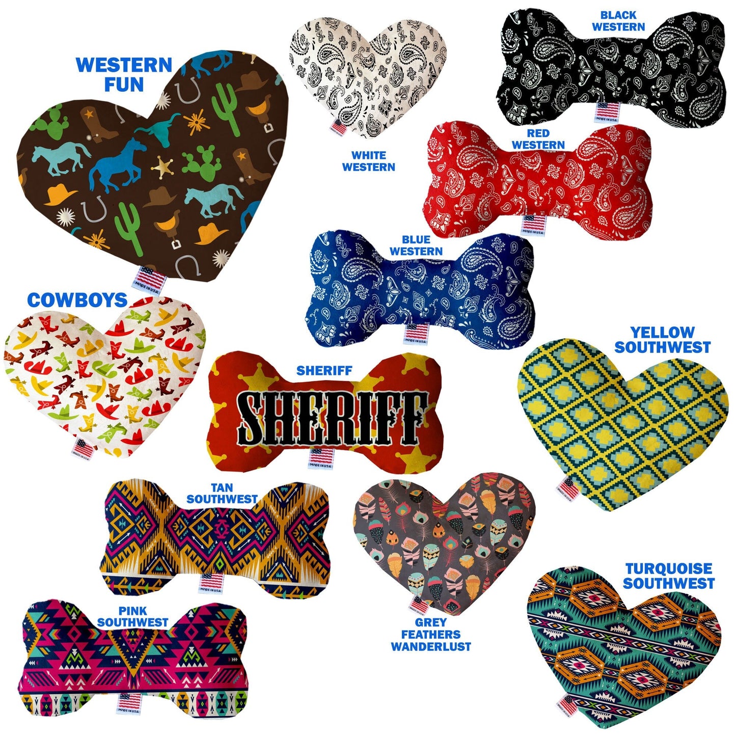 Pet and Dog Plush Heart or Bone Toy, "Southwestern Group" (Available in different sizes, and 12 different pattern options!)