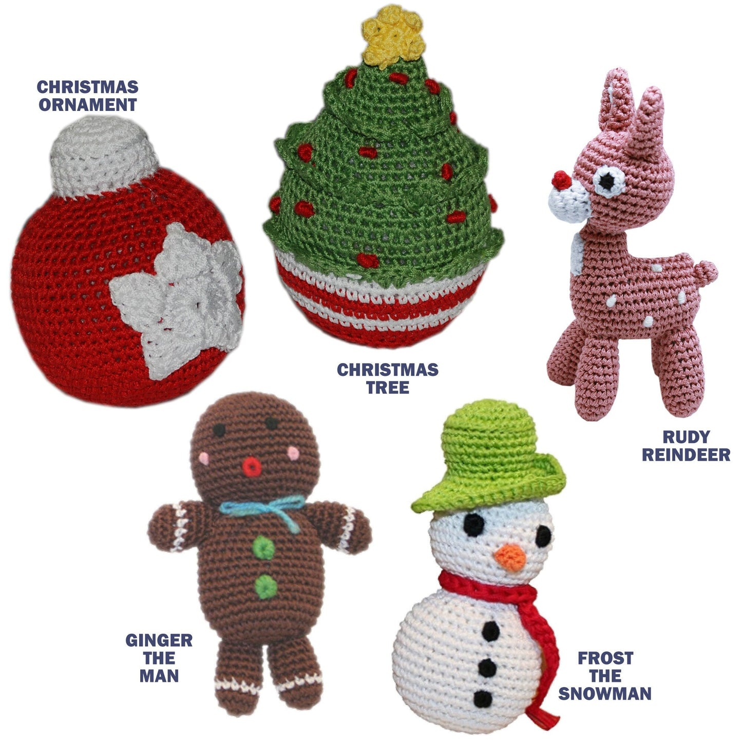 Knit Knacks Organic Cotton Pet& Dog Toys, "Christmas Group" (Choose from: Rudy Reindeer, Christmas Tree, Ornament, Snowman, Gingerbread Man)