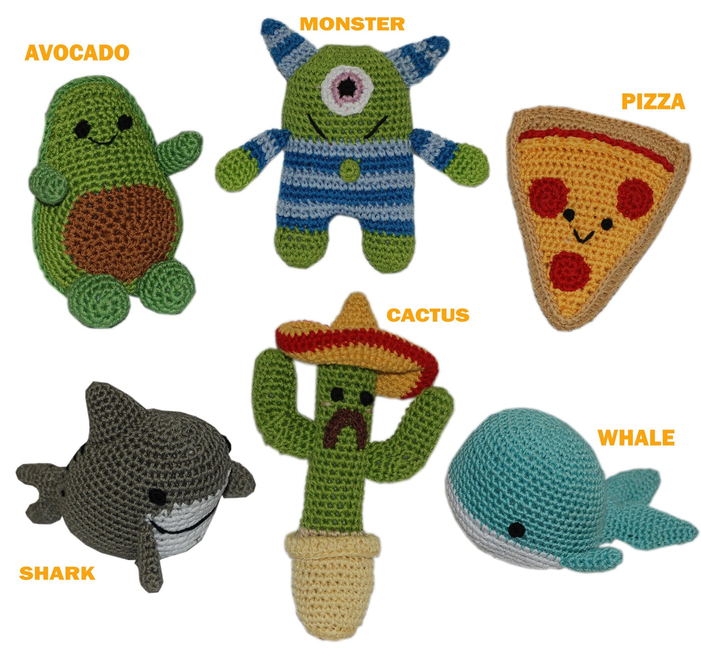 Juguetes para perros y mascotas de algodón orgánico Knit Knacks (elige entre: pizza, aguacate, monstruo, tiburón, ballena o cactus)