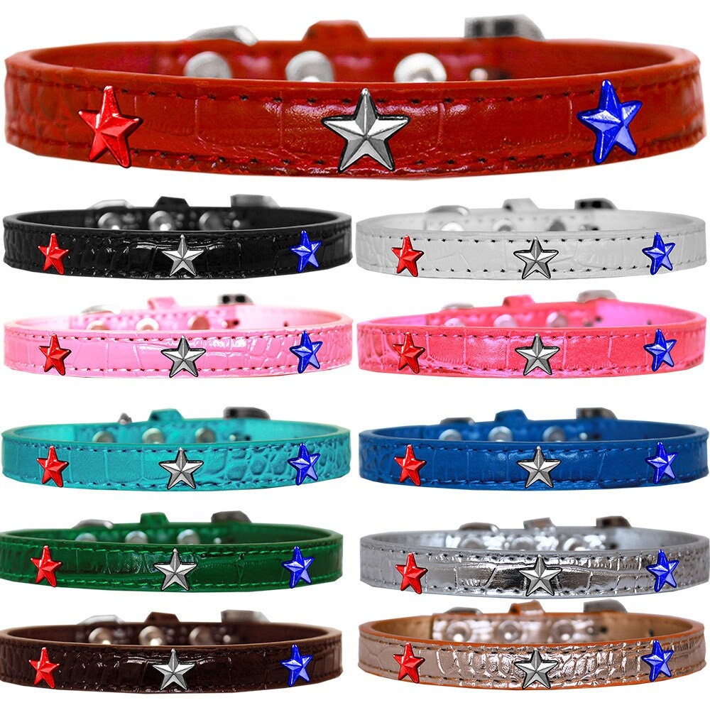 Collar de diseño Croc Widget para perros, cachorros y mascotas, "Estrellas rojas, blancas y azules"