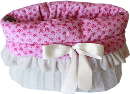 Dog, Puppy & Pet or Cat Reversible Snuggle Bugs Pet Bed, Bag, and Car Seat All-in-One, "Light Pink or Baby Blue Skulls"