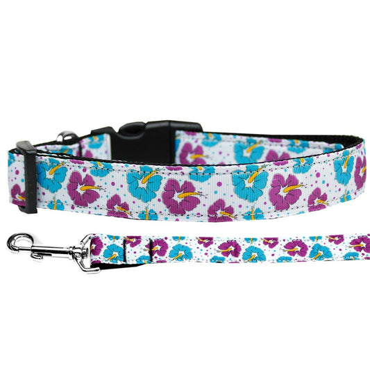 Collar o correa de nailon para perros y gatos, "Flores de hibisco azules y moradas"