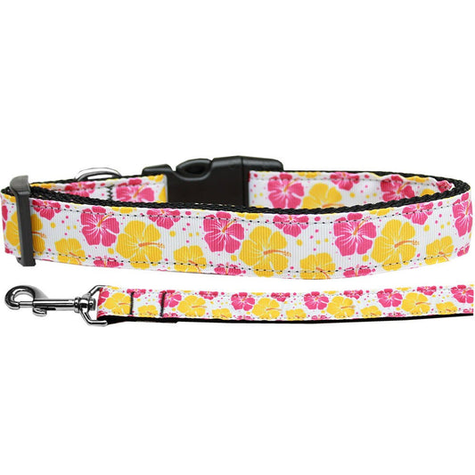 Collar o correa de nailon para perros y gatos, "Flores de hibisco rosadas y amarillas"