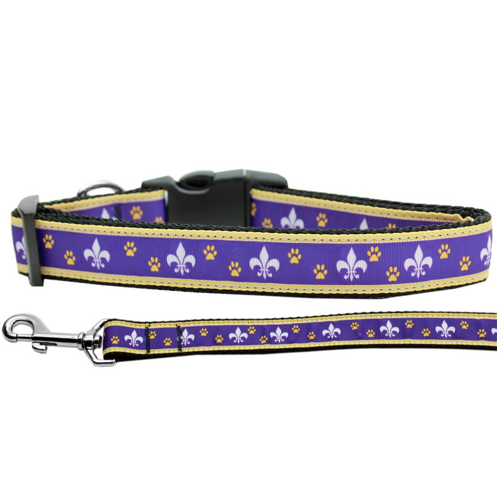 Collar o correa de nailon para perros y gatos, "Flor de lis morada y amarilla"