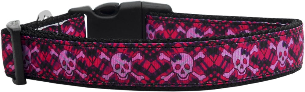 Collar o correa de nailon para perros y gatos, "Calaveras a cuadros rosa intenso"