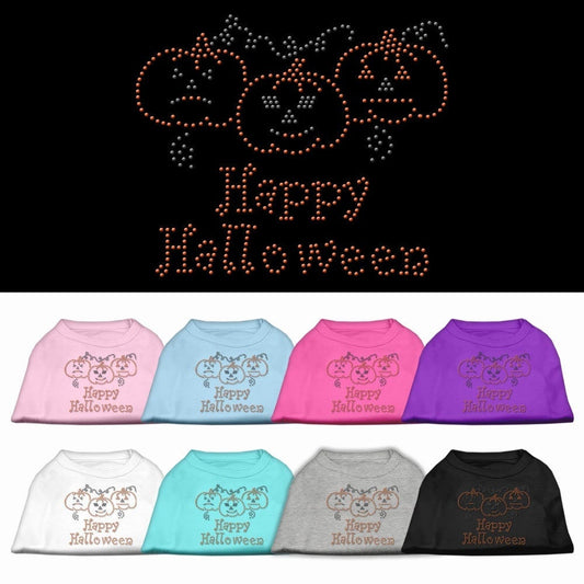 Camiseta de Halloween para perros y gatos con diamantes de imitación y la frase "Feliz Halloween"