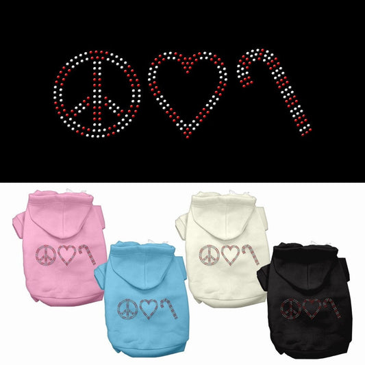 Christmas Pet Dog & Cat Hoodie Rhinestone, "Peace, Love and Candy Canes"