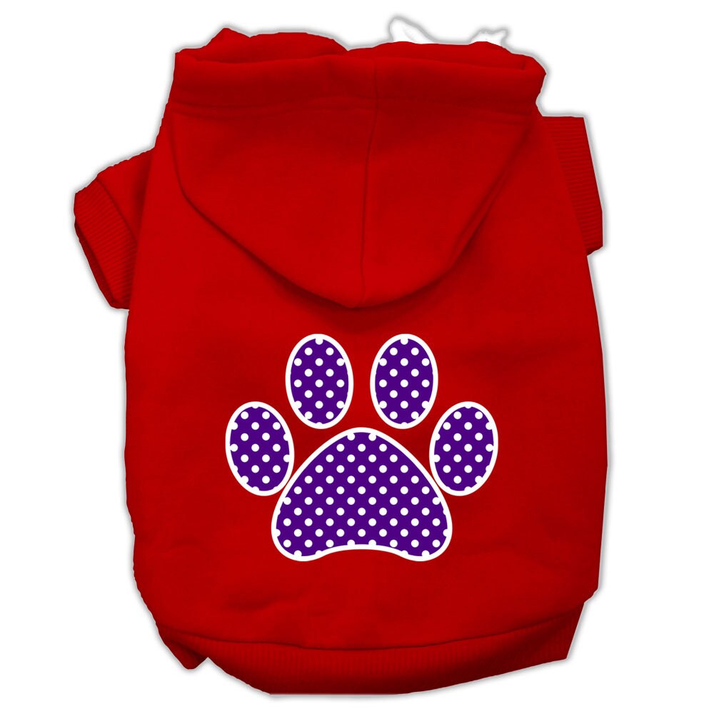 Sudadera con capucha para mascotas, perros y gatos serigrafiada con el texto "Purple Swiss Dots Paw"