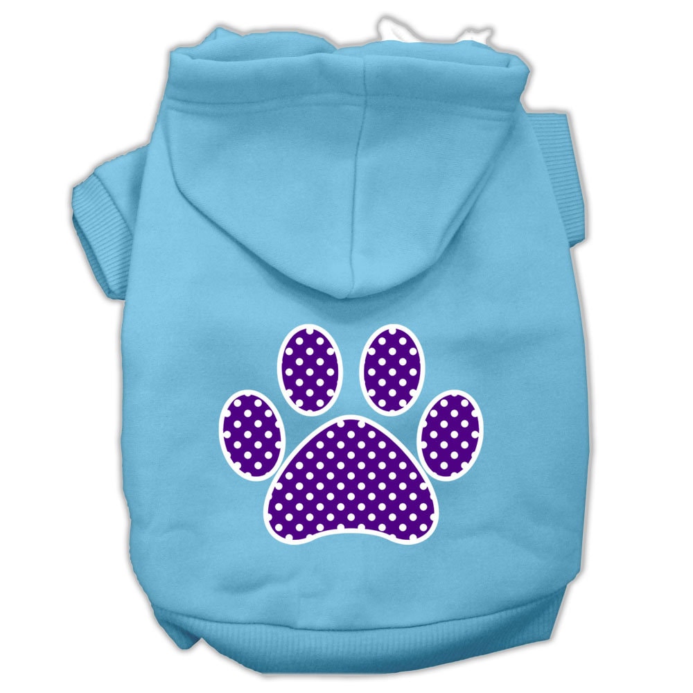 Sudadera con capucha para mascotas, perros y gatos serigrafiada con el texto "Purple Swiss Dots Paw"