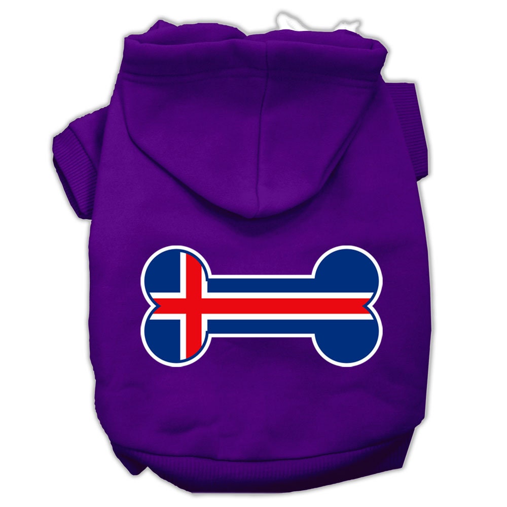 Sudadera con capucha para mascotas, perros y gatos serigrafiada con la bandera de Islandia en forma de hueso