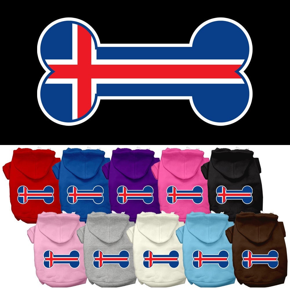 Sudadera con capucha para mascotas, perros y gatos serigrafiada con la bandera de Islandia en forma de hueso