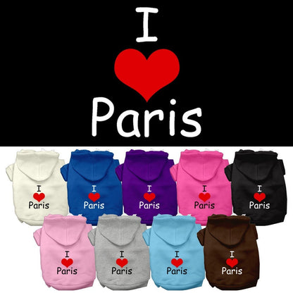 Sudadera con capucha para mascotas, perros y gatos serigrafiada con la frase "I Love Paris"