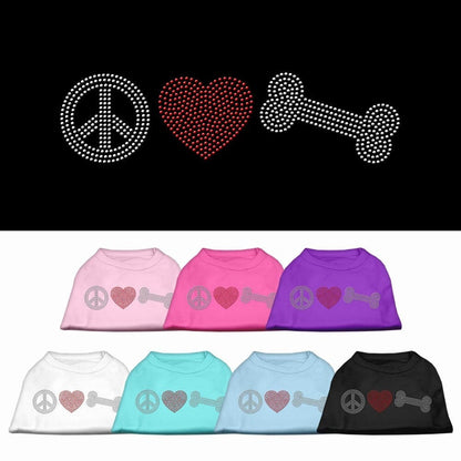 Camiseta para perros y gatos con diamantes de imitación, "Peace Love &amp; Bone"