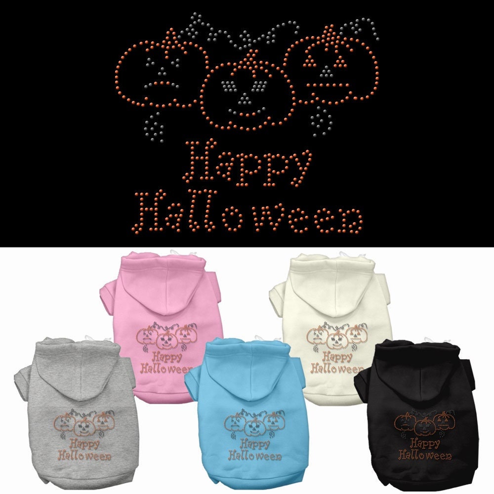 Sudadera con capucha para Halloween con diseño de perro y gato y diamantes de imitación, "Feliz Halloween"