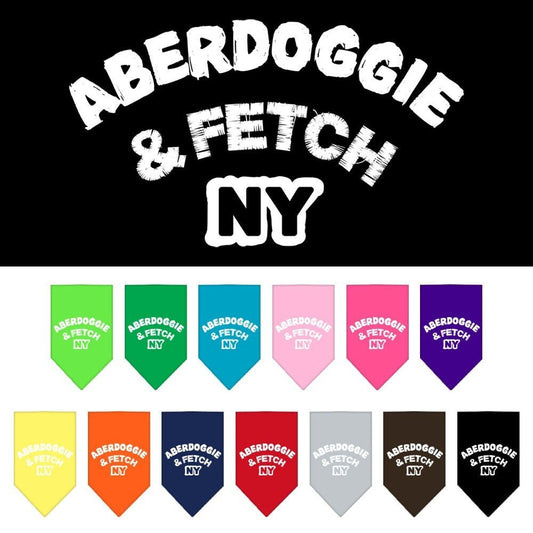 Bandana para mascotas y perros serigrafiada con la frase "Aberdoggie &amp; Fetch NY"